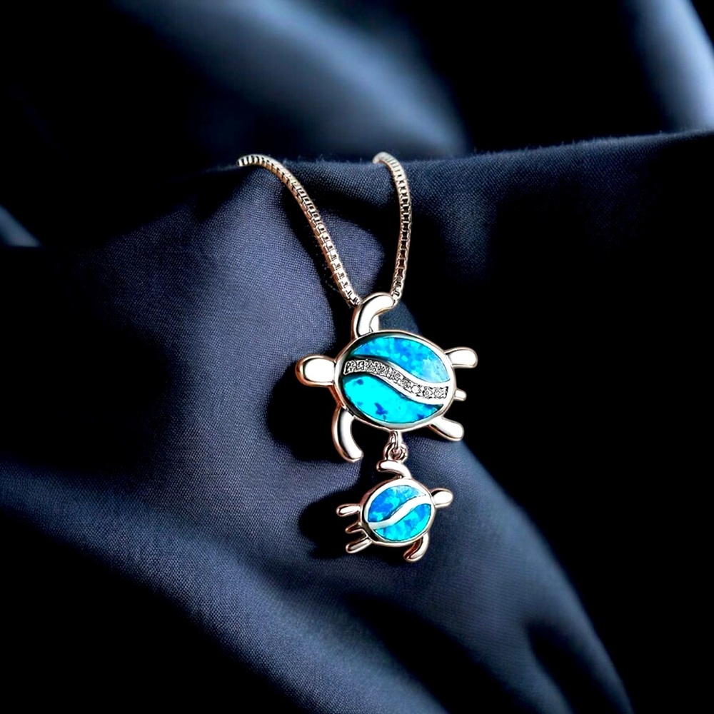 Silver Plated Tear‎ Drop Opal Turtle Parent Child Pendant, Minimalist Necklace